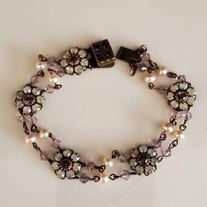 Liz Palacios SF Vintage Crystal Pearl Floral Bracelet Gold Tone Pink Lavender